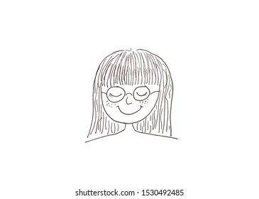 Hand Drawing With Cartoon Character Of Middle Aged Woman Wearing Eyeglasses On Over White Background,with Space For Your Text Design.Creative Series With Pen Line.