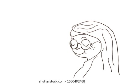 Hand Drawing With Cartoon Character Of Middle Aged Woman Wearing Eyeglasses On Over White Background,with Space For Your Text Design.Creative Series With Pen Line.