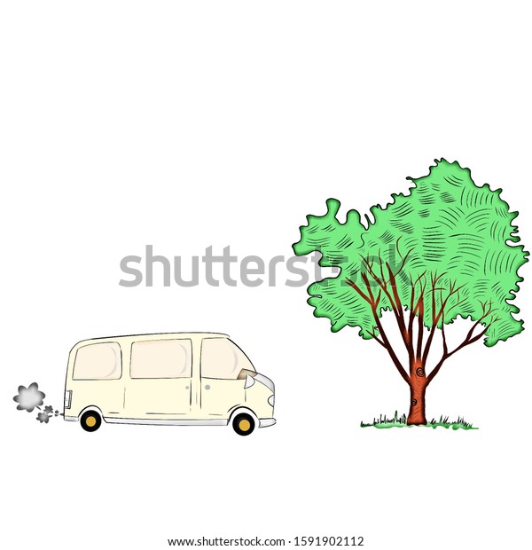 Hand drawing of cartoon Van\
vehicle with smoke and large tree on over white background,free\
space for your text design. Creative with illustration\
progress.