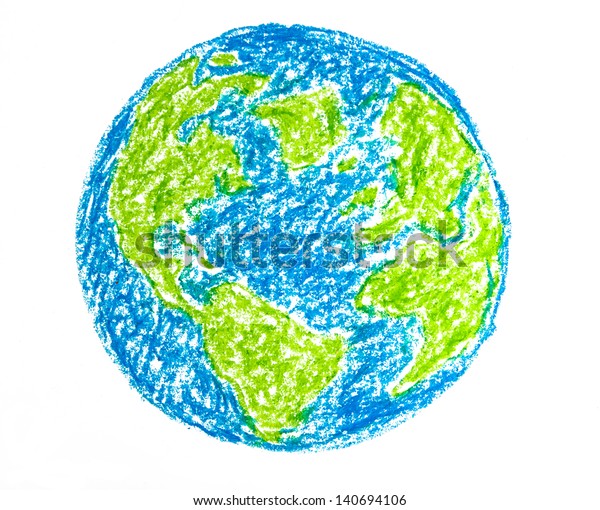 白い背景に手描きのカラフルなクレヨンの地球 のイラスト素材