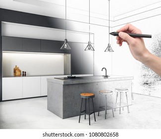 Hand Drawing Creative Kitchen Interior. Architecture And Design Concept. 3D Rendering 