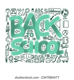 Hand drawing crumpled up phrase BACK to SCHOOL. Textured lettering for motivational cards, poster, patterns, stickers, labels. White isolated background. Pen, pencil, bag, clock, book, ruler, paper. - Powered by Shutterstock