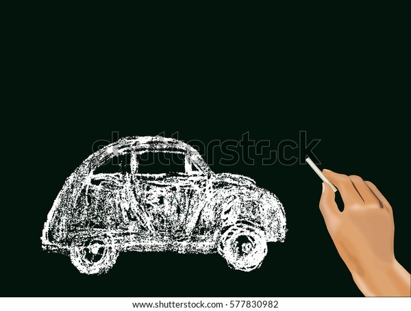 Hand Drawing Dream Car with Chalk - Illustration\
on Blackboard (Copy\
Space)