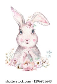 Hand drawing easter watercolor cartoon bunnies with leaves, branches and feathers. indigo Watercolour rabbit holiday illustration in vintage boho style. Bunny cards.