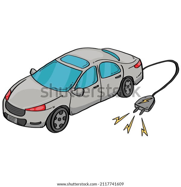 hand drawing of eco friendly electric car with\
plug cable on white background, cartoon style. trendy electrical\
vehicle.