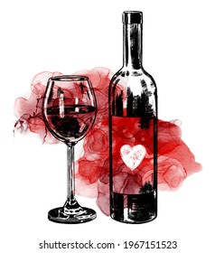 Hand drawing engraving vintage bottle and glass of wine with alcohol ink red watercolor background. Can be use for poster, card, invitation, booklet, label, advertisement, print, restaurant, menu