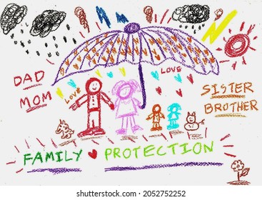 Hand Drawing Of Family With Colorful Crayon.standing Under Big Umbrella.Protect From Risk Outside.