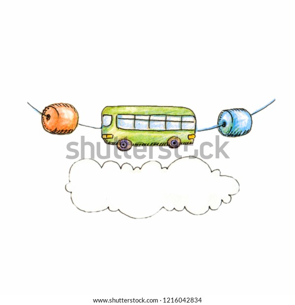 Hand\
drawing green bus with blue and orange \
beads
