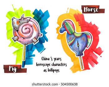 hand drawing horoscope animal as lollipops, pig and horse