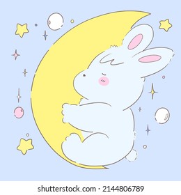 Hand drawing illustration cute bunny sleep the crescent moon in the night sky 