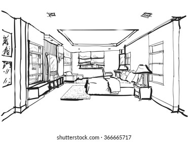 Hand Drawing Interior Design Modern Bedroom Stock Illustration ...