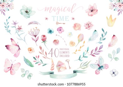 Hand drawing isolated boho watercolor blossom floral illustration with leaves, branches, flower. Bohemian greenery flowers and butterfly. Elements for wedding card.
