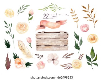 Hand Drawing Isolated Boho Watercolor Floral Illustration With Leaves, Branches, Flowers, Wooden Box. Bohemian Greenery Art In Vintage Style. Elements For Wedding Card.