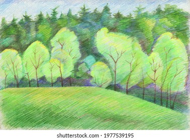 Hand drawing landscape  Scenery made and colored pencils  Background  