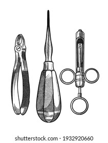 Hand Drawing, Line Art, Engraving, Ink Dental Tools Illustration. Isolated In White Background. For Medical Poster And Brochure. Set Of Dental Instrument. Medical Equipment Set Vintage Style