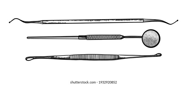 Hand Drawing, Line Art, Engraving, Ink Dental Tools Illustration. Isolated In White Background. For Medical Poster And Brochure. Set Of Dental Instrument. Medical Equipment Set Vintage Style