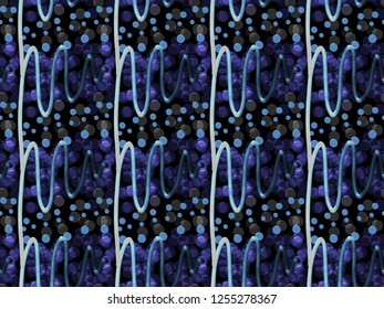 A hand drawing pattern made of blue and white on a black background.