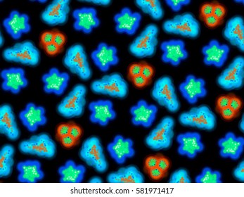 A hand drawing pattern made of blue tones, green and red on a black background.