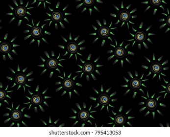 A hand drawing pattern made of blue yellow and green on a black background.