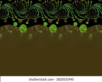 A hand drawing pattern made of copper and green dots on a black background