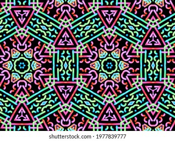 A hand drawing pattern made of pink green and blue long balloons on a black background 