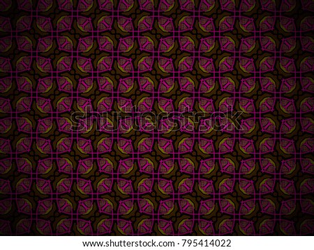 A hand drawing pattern made of pink brown and green on a black background.