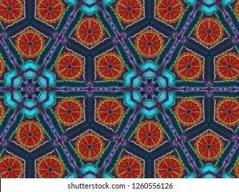 A hand drawing pattern made of red orange purple and blue tones.