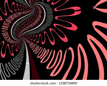 A hand drawing pattern made of red pink and white on a black background