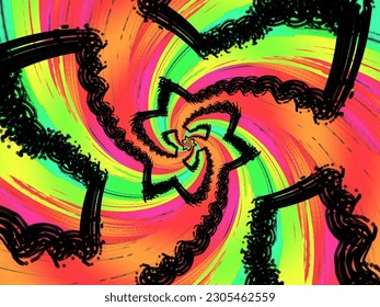 A hand drawing pattern made of yellow orange red green and turquoise with black