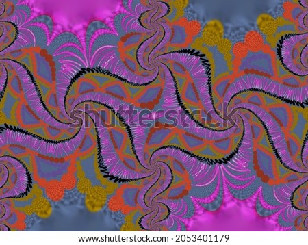 A hand drawing pattern made of yellow orange and pink with black and blue