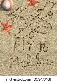 A hand drawing plane with Fly to Malibu written on the sand with shells.