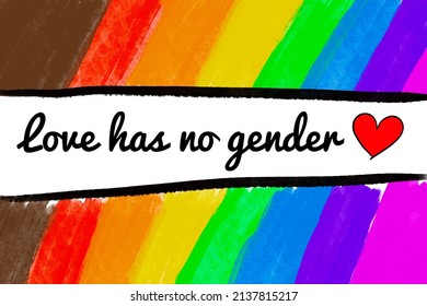 Hand drawing of rainbow stripes which has texts 'love has no gender', concept for lgbtq+ celebrations around the world in pride month.