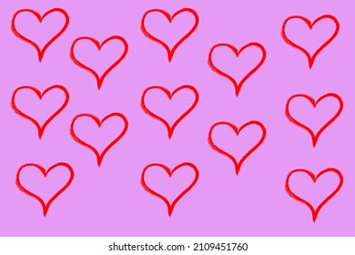 Hand drawing red hollow hearts on pink background,flat illustration work