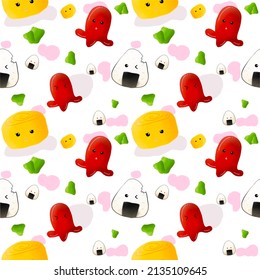 Hand Drawing Seamless Pattern For Wallpaper , Fabric Printing, Cute Cartoon Style Japanese Breakfast Bento Tamagoyaki
Onigiri Sausage On White Background