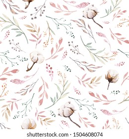 Hand drawing seamless watercolor floral patterns with protea rose, leaves, branches and flowers. Bohemian gold pink pattern prorea. Background for greeting wedding card.