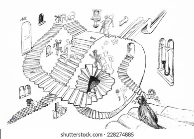 Hand Drawing Sketch Of  Esher Style Stairs