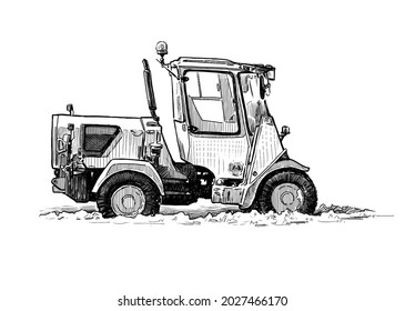 Hand Drawing Of Small Farm Tractor For Agricultural Work