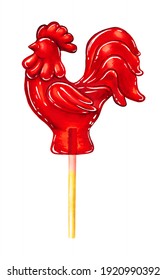 Hand drawing of sweet red caramel lollipops cockerel on a stick traditional russian sweetness