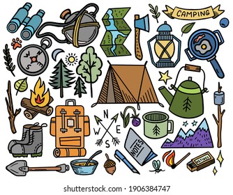 Hand Drawing Travelling Colorful Doodle Elements. Summer Adventure. Camping Tools.