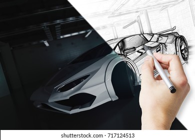 Hand Drawing Unfinished Car Design In Grunge Garage. Technology Concept. 3D Rendering 