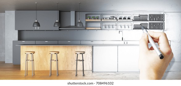 Hand drawing unfinished kitchen. Plan concept. 3D Rendering 