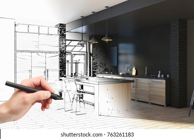 Hand drawing unfinished project of modern kitchen interior. Engineering and architecture concept. 3D Rendering 
