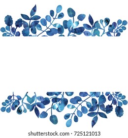 Hand Drawing Watercolor Blue  Leaves Ornament Frame