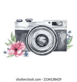 Hand drawing watercolor camera with flower. Perfect for photography logo. Watercolor illustration. - Powered by Shutterstock