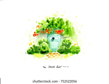 Hand Drawing Watercolor Garden Secret Door Illustration