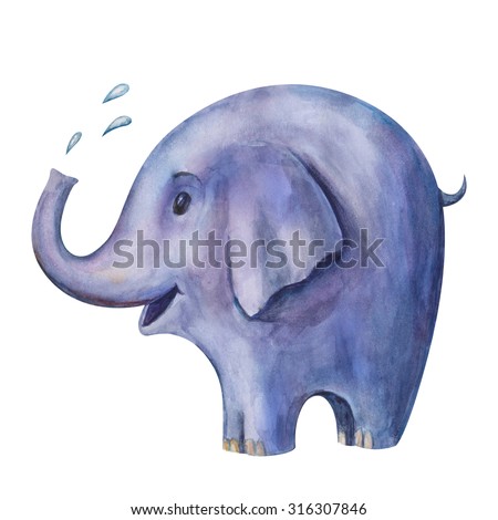Hand drawing watercolor illustration of blue elephant