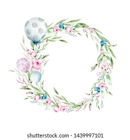 Hand drawing watercolor сhildren's illustration- wreath with flowers, leaves and ballons. illustration isolated on white
