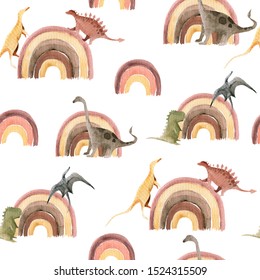 Hand drawing watercolor сhildren's pattern of cute dino and rainbow. Funny dinosaur perfect for posters, children's fabric, prints.  illustration isolated on white - Powered by Shutterstock