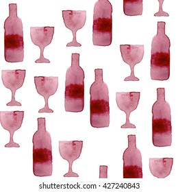 Hand Drawing Watercolor Seamless Pattern Wine Bottle And Glasses