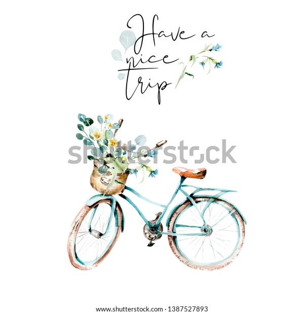 Hand\
drawing watercolor set for travel - bicycle with summer flowers,\
leaves and branches. illustration isolated on\
white